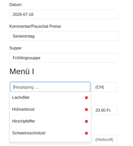 Menüeingabe Oberfläche