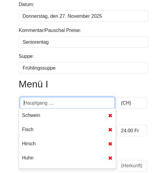 Menüeingabe Oberfläche